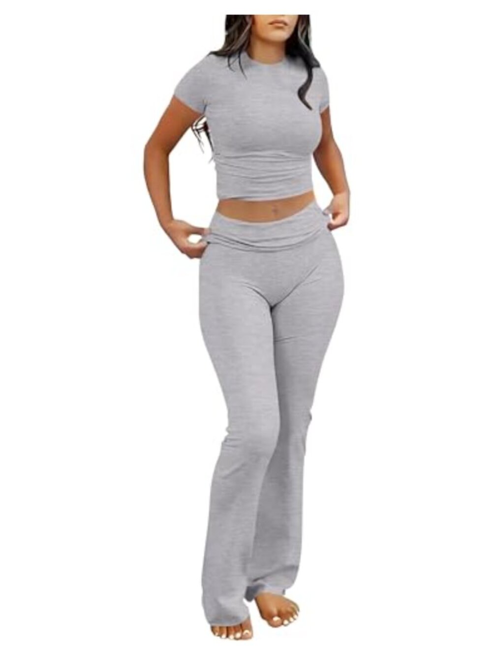 2 Piece Lounge Set Crop Top Fold Over Flare Pants Slim Fit